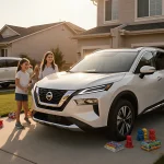 Family examining the 2026 Nissan Rogue with warm sunlight on the driveway and toys scattered nearby