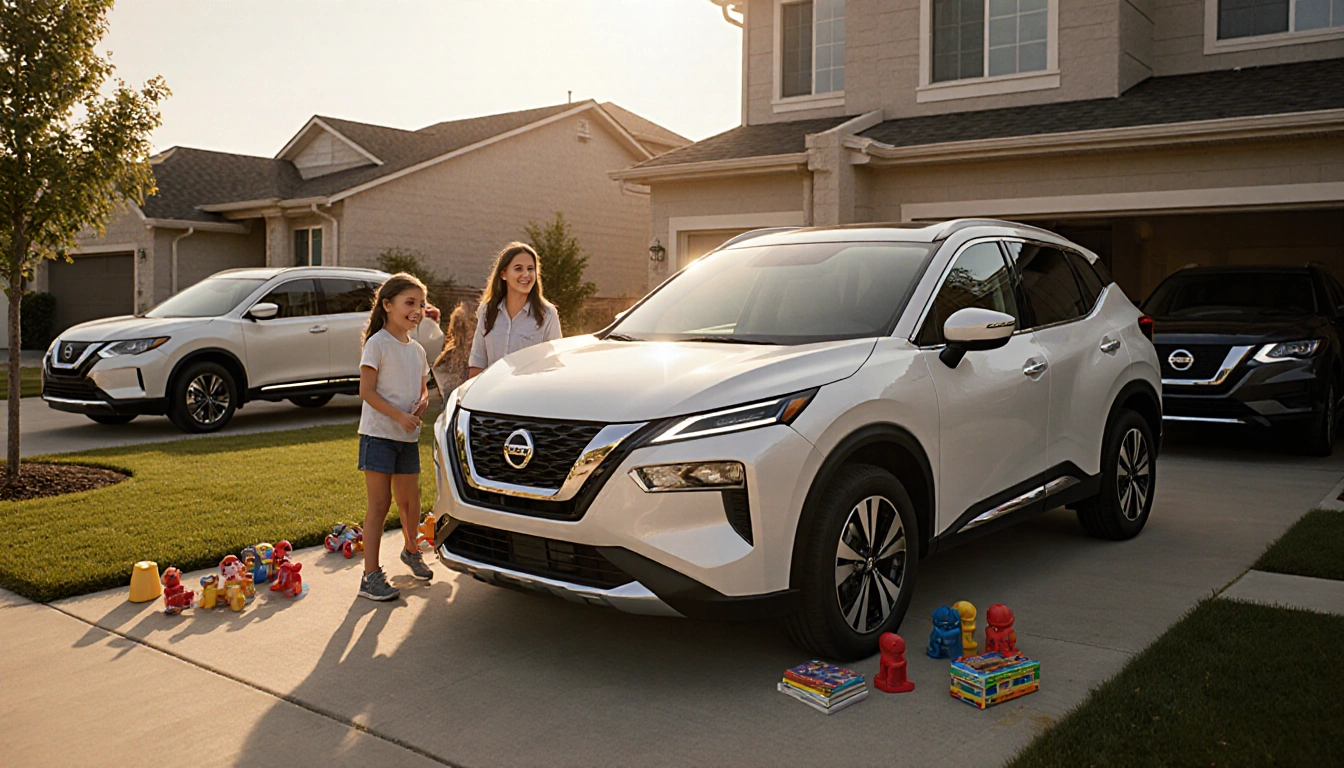 Family examining the 2026 Nissan Rogue with warm sunlight on the driveway and toys scattered nearby
