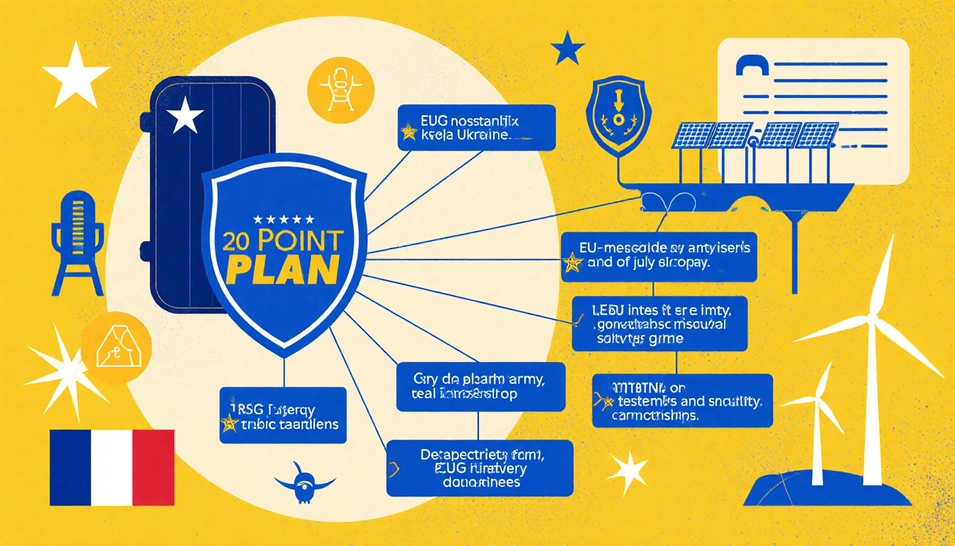 Diagram illustrating a 20-point plan with interconnected nodes and a shield backstop highlighting security and energy.