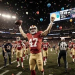 Brock Purdy raises football triumphantly with confetti and balloons on a nightlit stadium and scoreboard reading 42-38