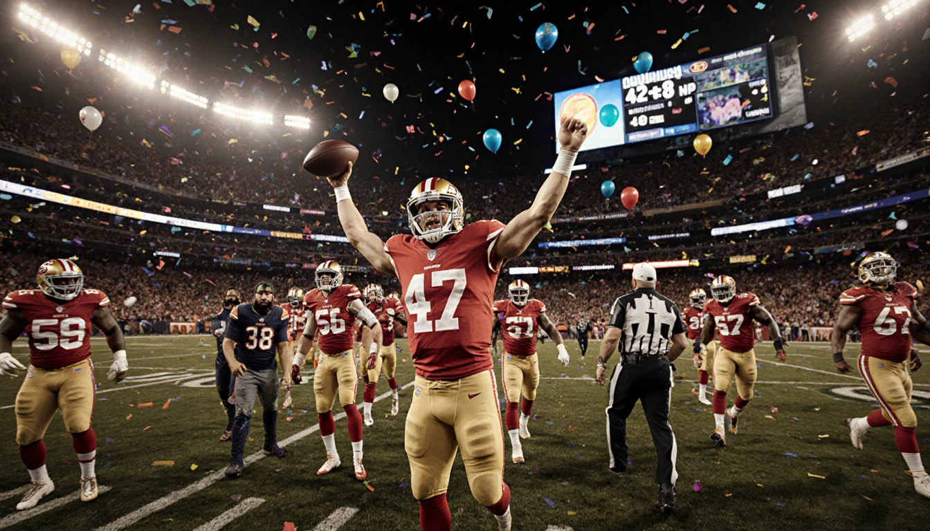 Brock Purdy raises football triumphantly with confetti and balloons on a nightlit stadium and scoreboard reading 42-38