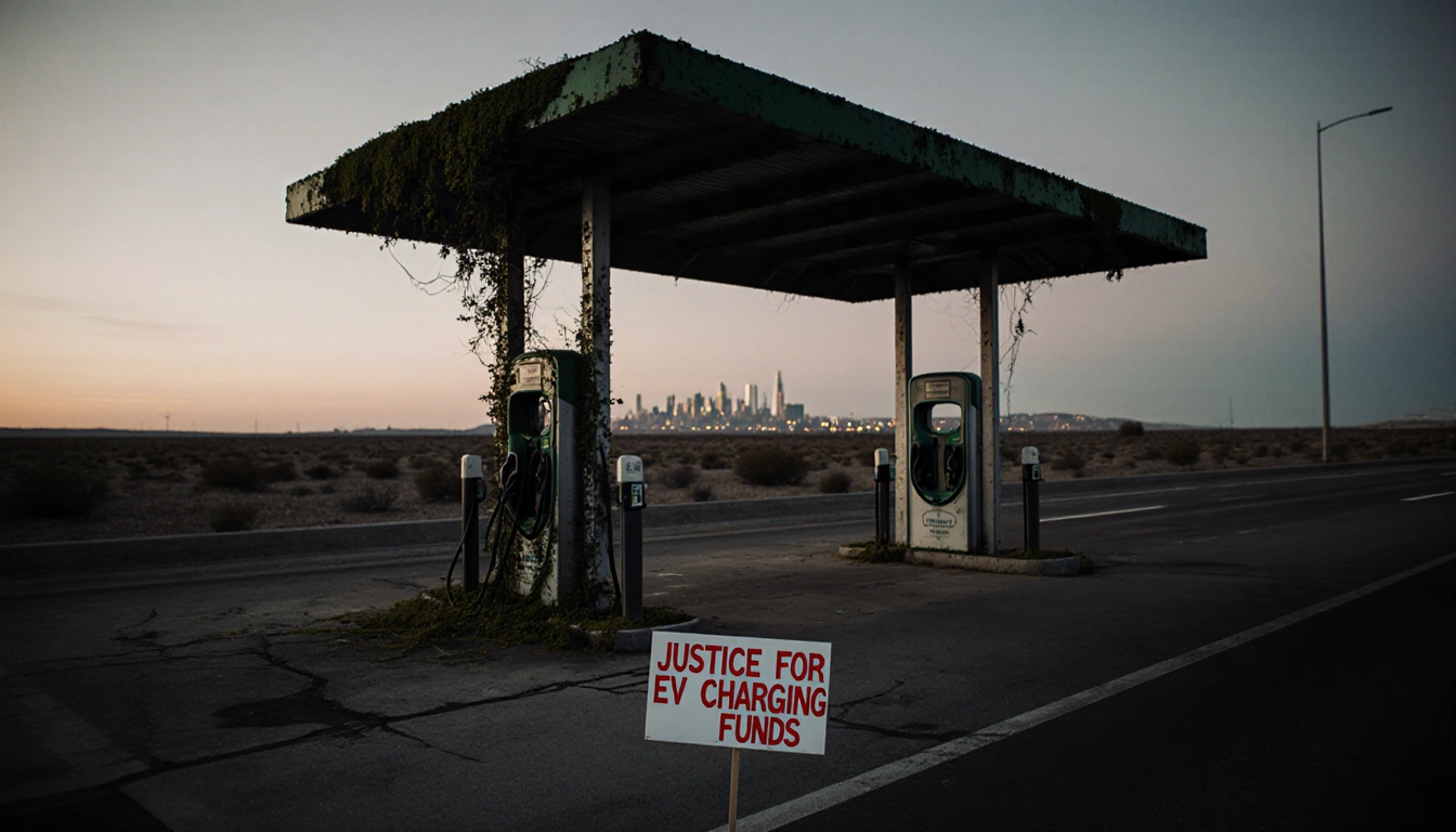Abandoned electric vehicle charging station standing with moss-covered metal poles and a protest sign reading Justice for EV