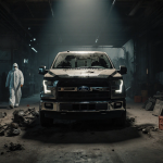Abandoned F-150 Lightning electric vehicle sits on dusty warehouse floor with a spotlight highlighting its hood and a line.