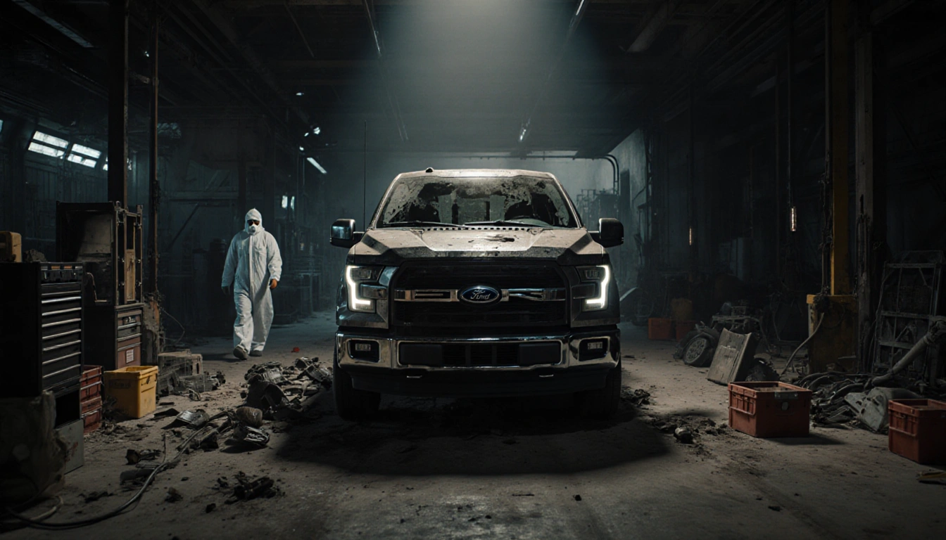 Abandoned F-150 Lightning electric vehicle sits on dusty warehouse floor with a spotlight highlighting its hood and a line.