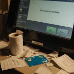 Unactivated gift card lies on cluttered kiosk counter with abandoned cards and a faded Activated screen