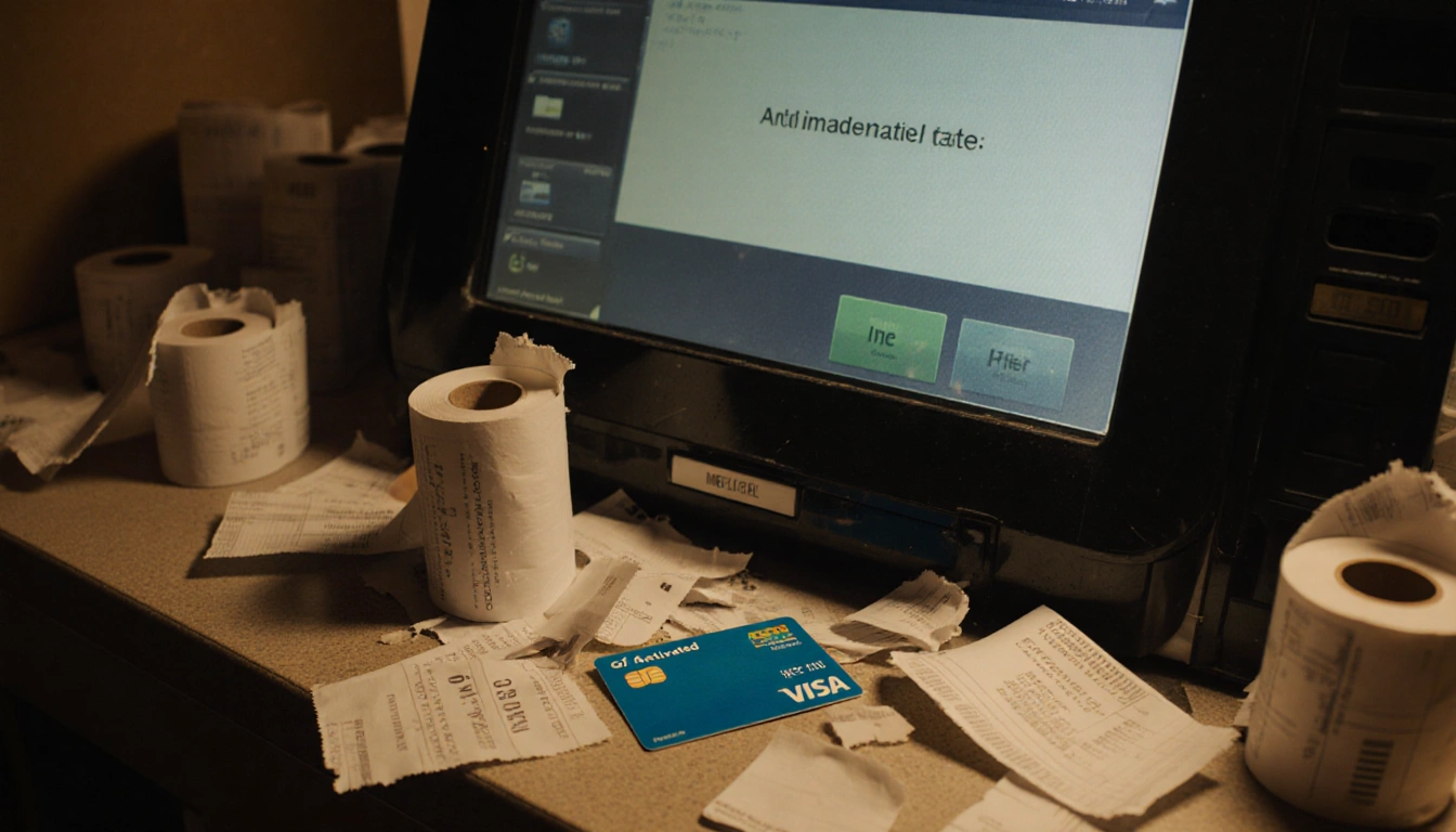 Unactivated gift card lies on cluttered kiosk counter with abandoned cards and a faded Activated screen