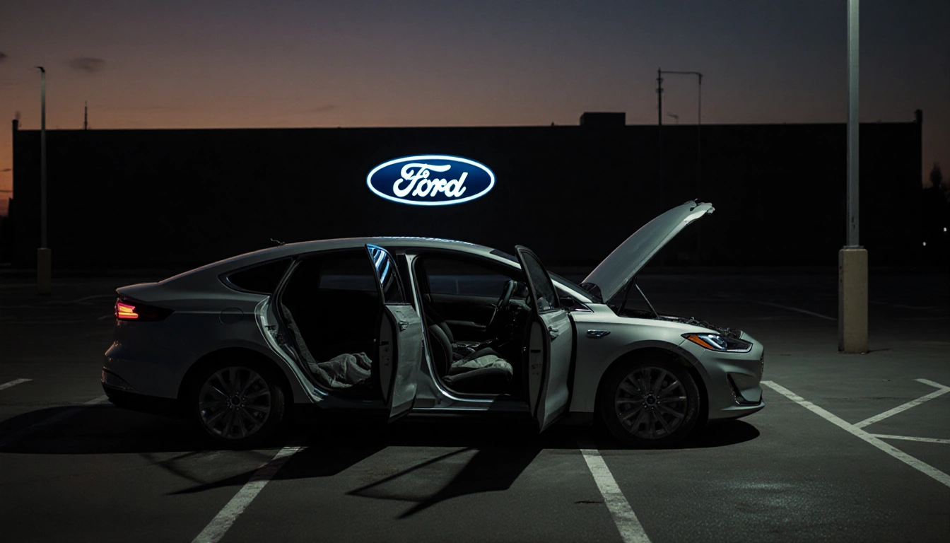 Electric car rolling away from parking space with dim interior visible and Ford logo silhouette in background.