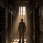 Figure standing at far end of abandoned prison cell with faded uniform and soft golden light and graffiti on walls