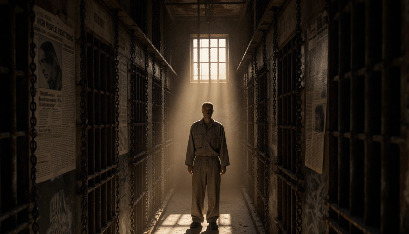 Figure standing at far end of abandoned prison cell with faded uniform and soft golden light and graffiti on walls