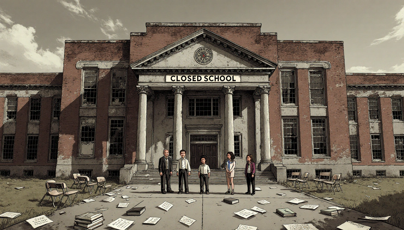 People standing outside looking worried with large abandoned school building and closed sign and scattered notes and books