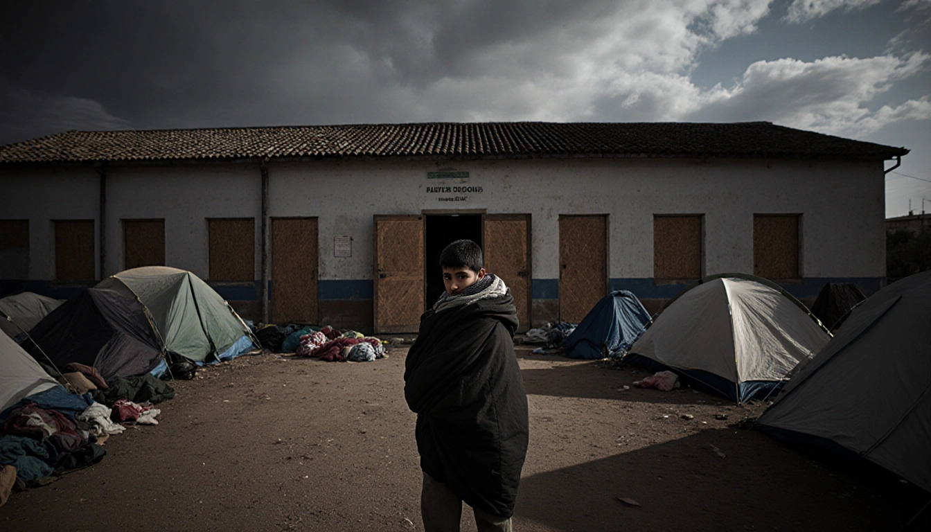 Young migrant stands at abandoned school entrance with boarded windows and tents and hopeful under gray sky