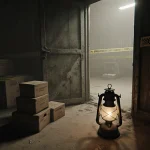 Lantern illuminating dusty crates with an ajar metal door in abandoned storage facility.