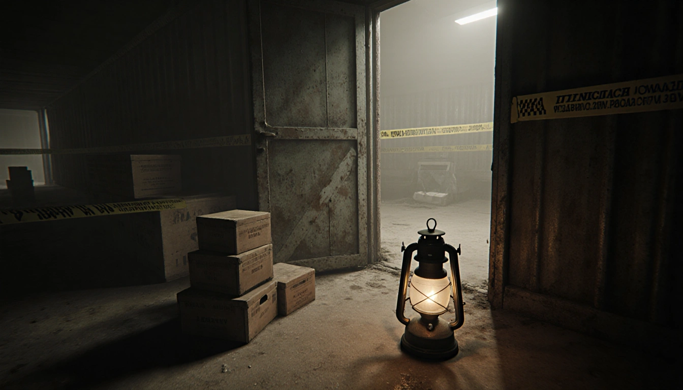 Lantern illuminating dusty crates with an ajar metal door in abandoned storage facility.