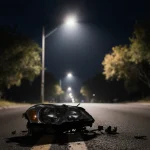 Shattered headlight and twisted metal lie on asphalt with long shadows from a streetlight in an Austin autumn collision eveni