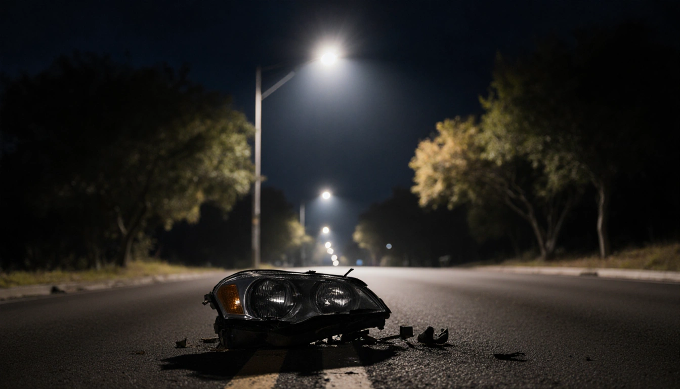 Shattered headlight and twisted metal lie on asphalt with long shadows from a streetlight in an Austin autumn collision eveni