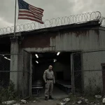 Forlorn ICE uniform figure standing outside with dilapidated warehouse and barbed wire and an American flag