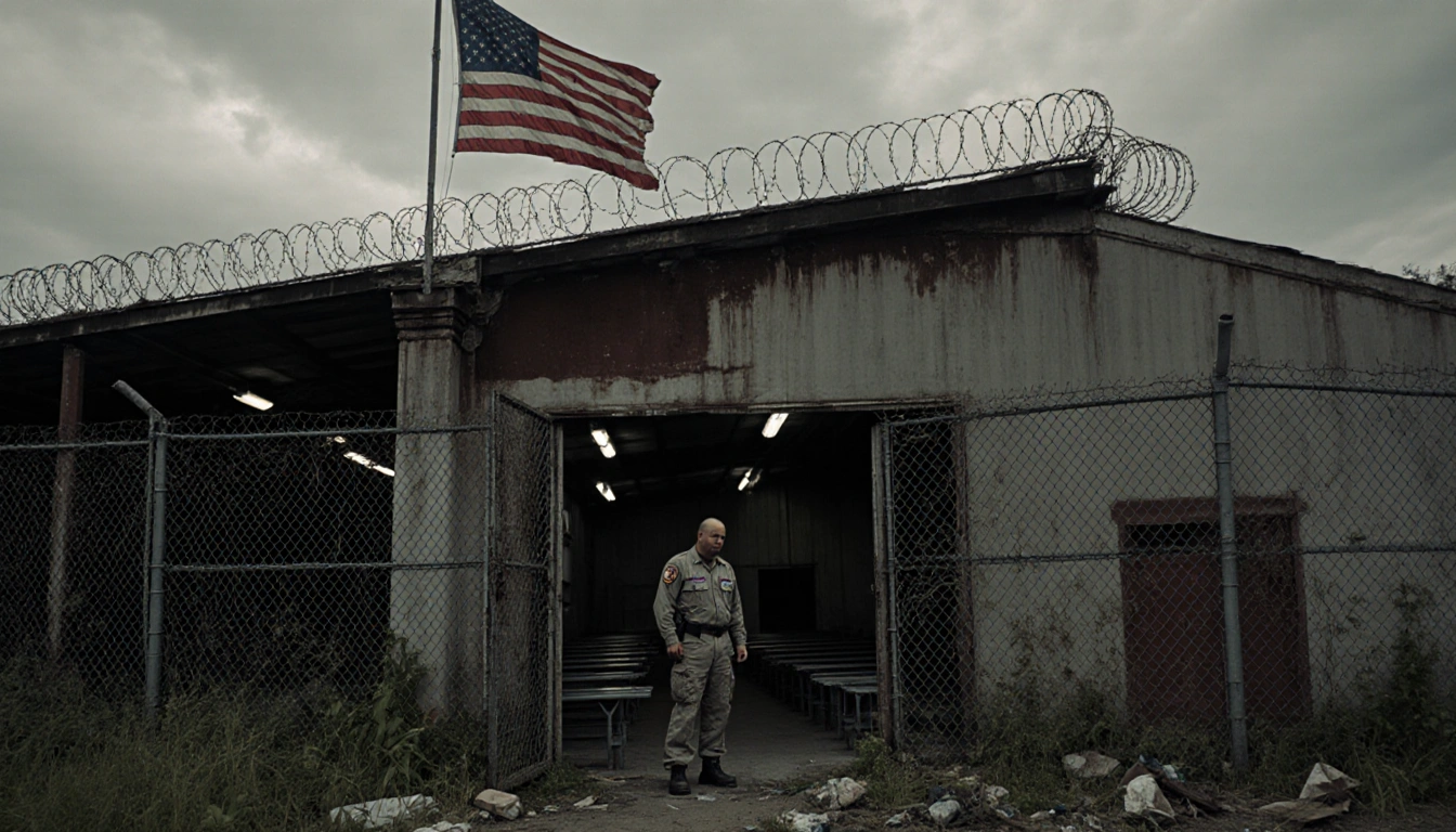 Forlorn ICE uniform figure standing outside with dilapidated warehouse and barbed wire and an American flag
