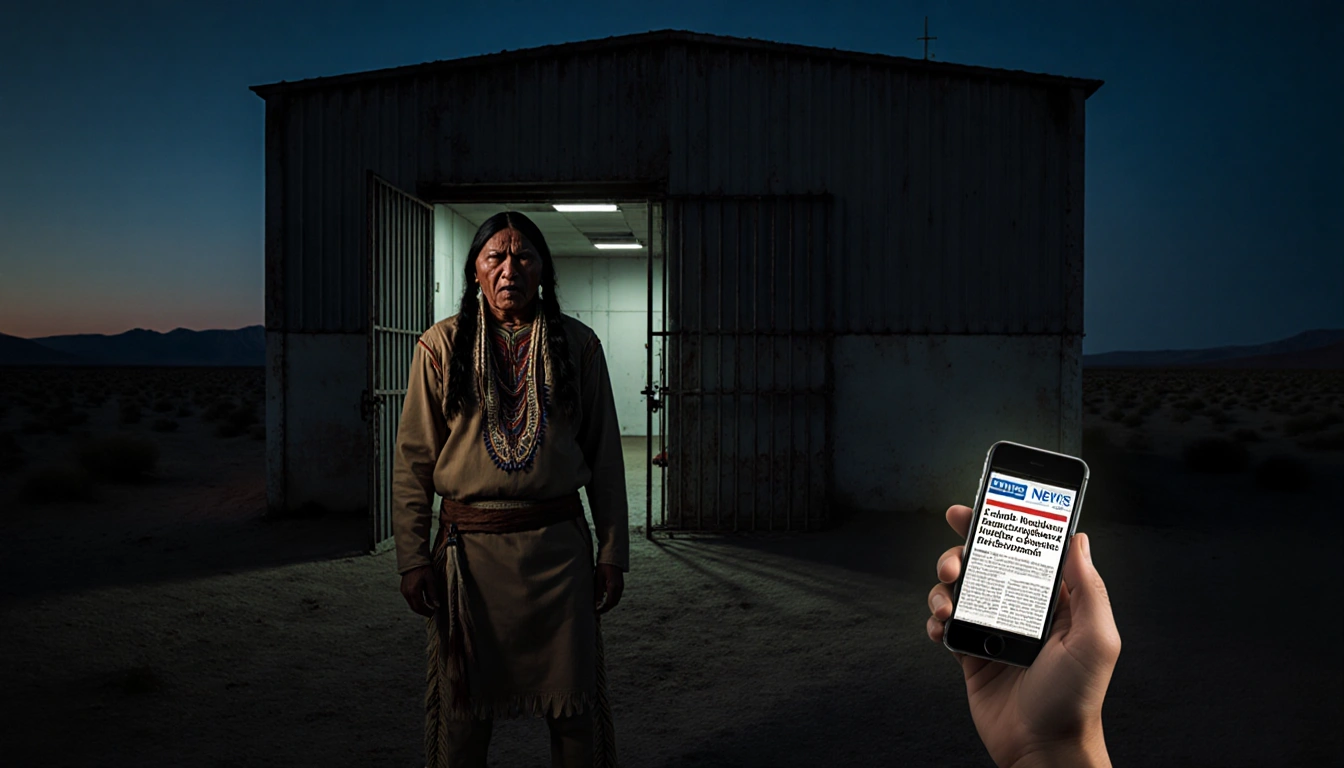 Native American figure standing before abandoned warehouse with glowing smartphone and desert backdrop.