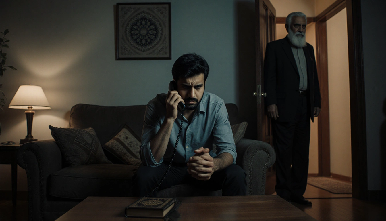 Abbas sits nervously on couch with father in doorway calling and a prayer mat near the table.