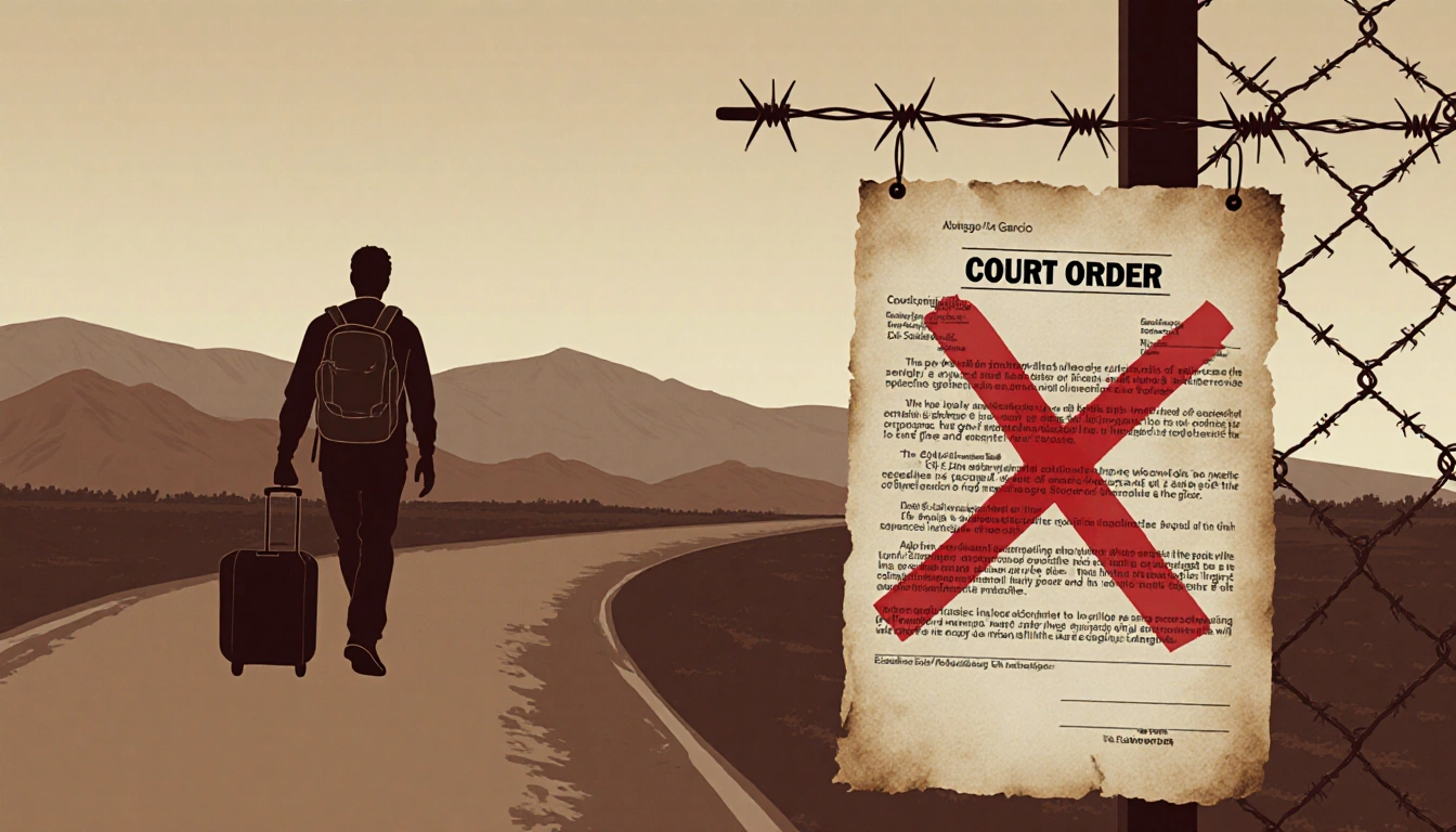Man walking toward US-Mexico immigration border with suitcase and faded court order on barbed wire mountains in dusk.