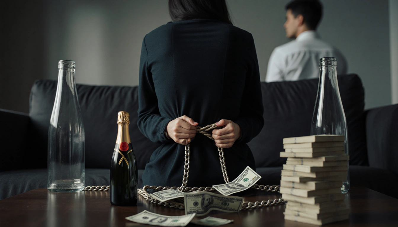 Rodriguez sits couch with hands tied behind back in control while empty champagne bottles and financial abuse surround them