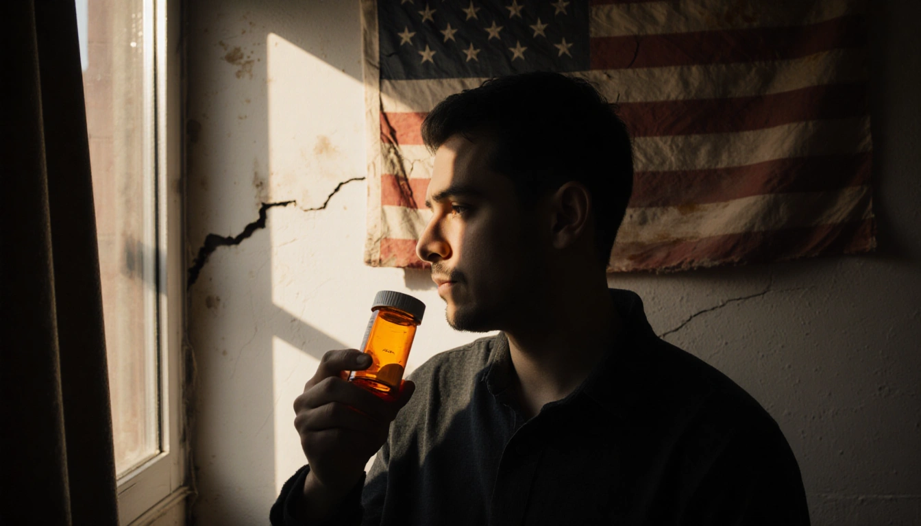 Person holding Affordable Care Act prescription bottle with faded American flag and wall cracks illuminated by warm window li