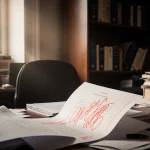 Essay page reveals red annotations about academic freedom with cluttered desk and books in warm light.