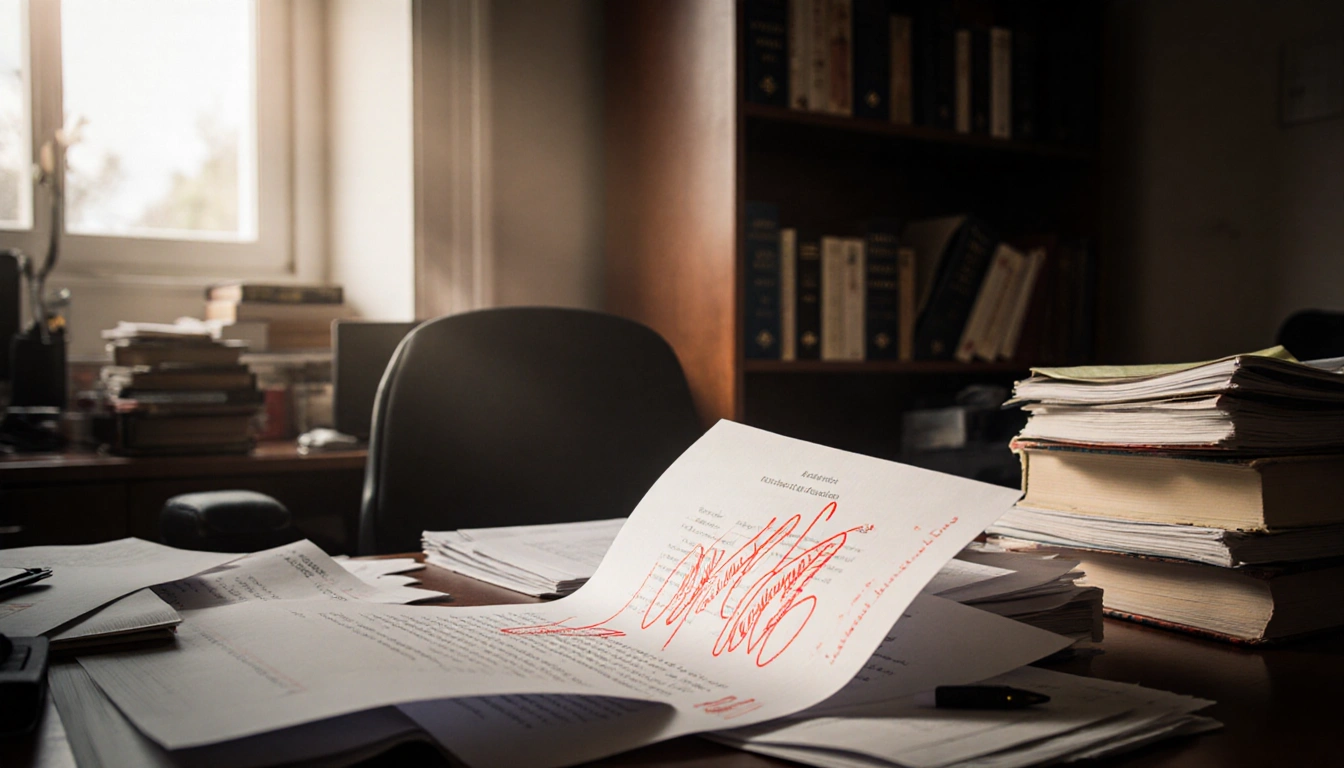 Essay page reveals red annotations about academic freedom with cluttered desk and books in warm light.