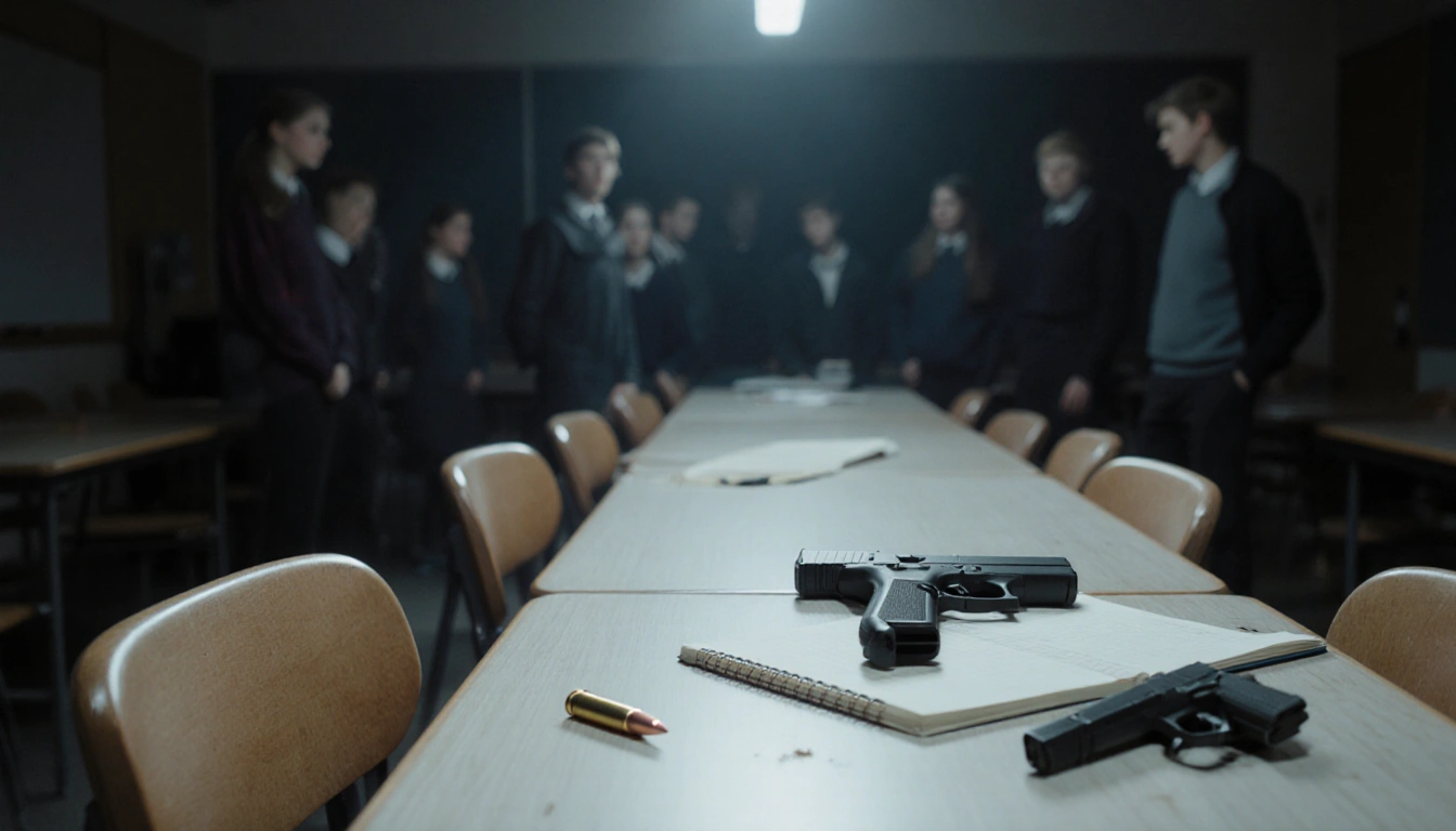 Student's pale hand resting near bullet casing with gun beside dimly lit study table