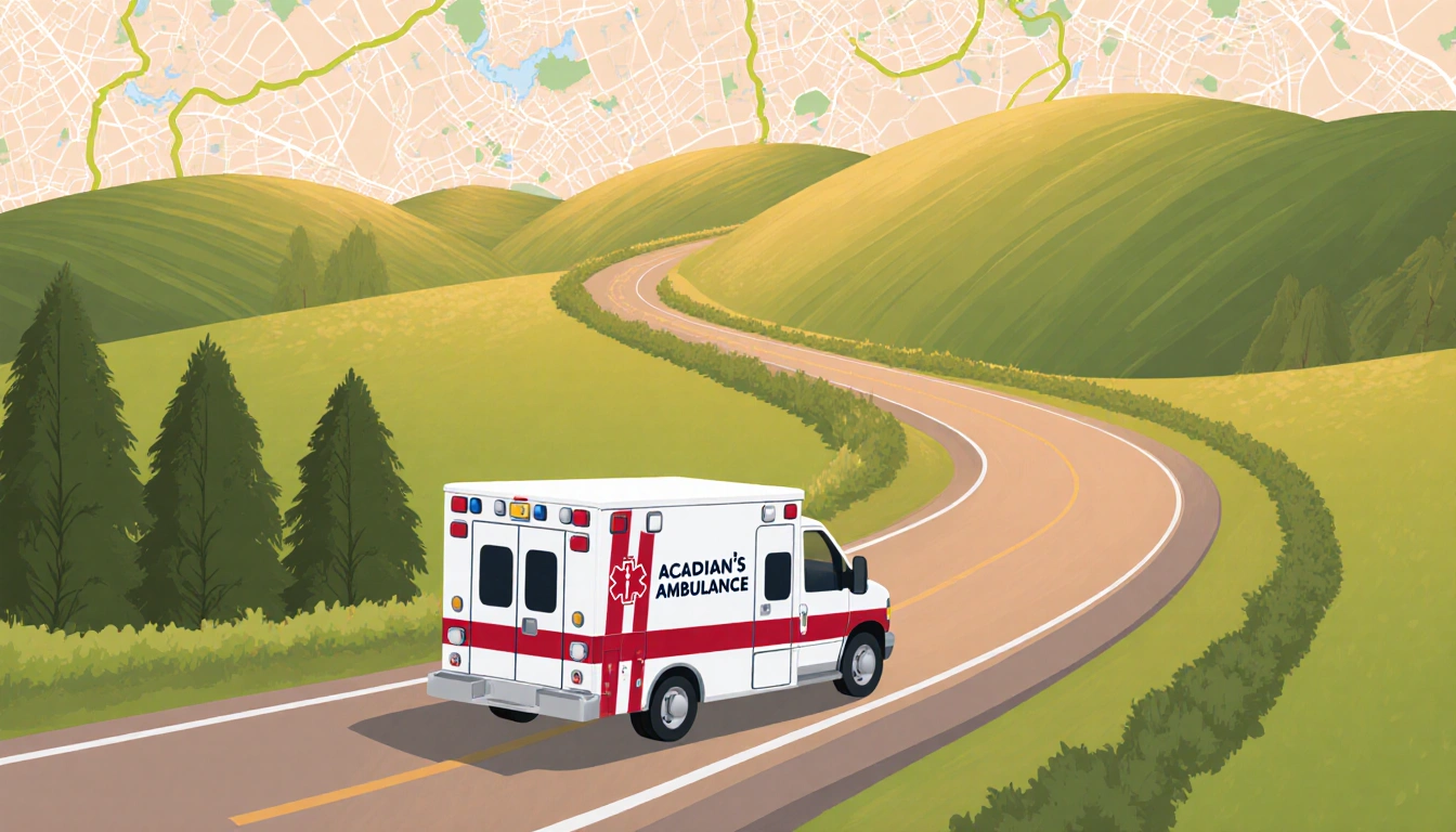 Rural ambulance cruising country road with Acadian logo against rolling hills and subtle terrain map