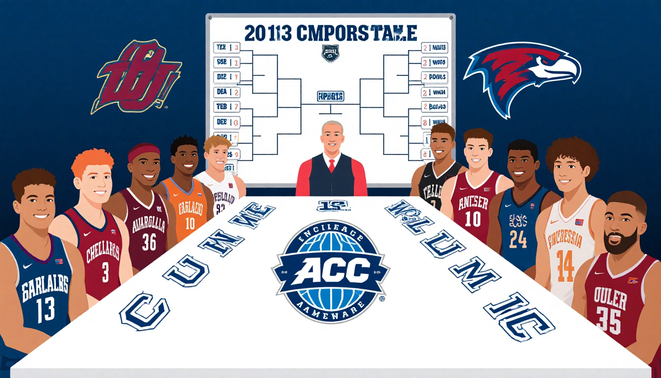 Teams gather around a large conference table with ACC logo centered and a whiteboard grid showing nine-game slate behind them