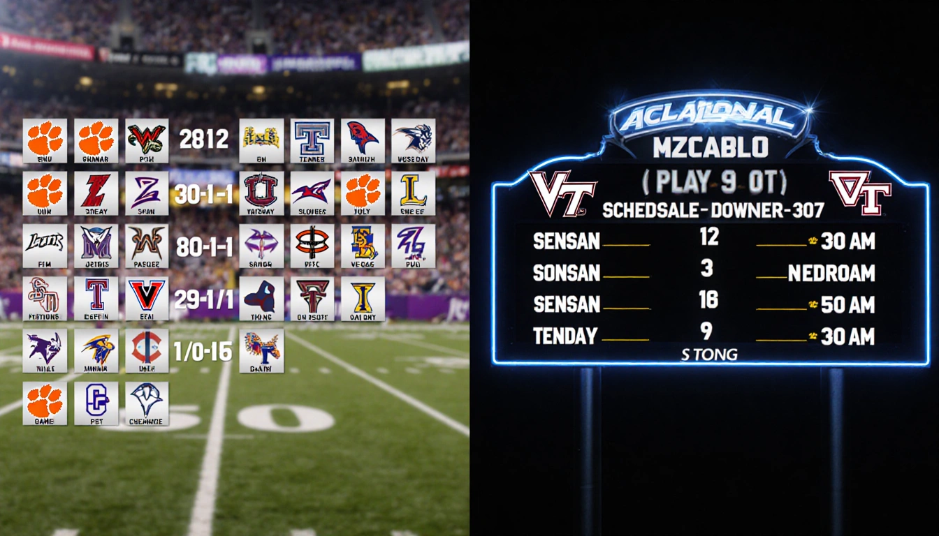Scoreboard lighting up 9‑game schedule with bright neon lights and ACC football team logos with faded schedule on screen