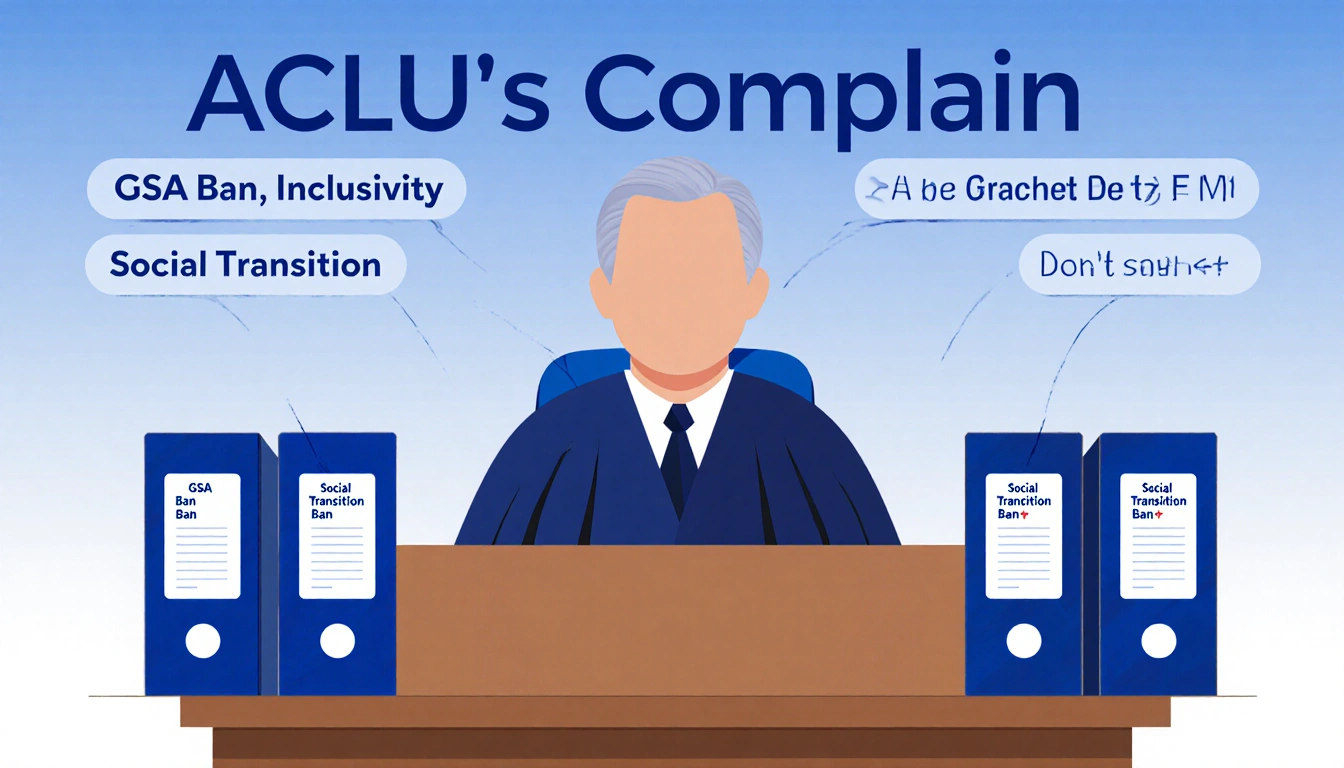 Judge reviewing ACLU complaint with four binders labeled GSA Ban and Inclusivity Ban