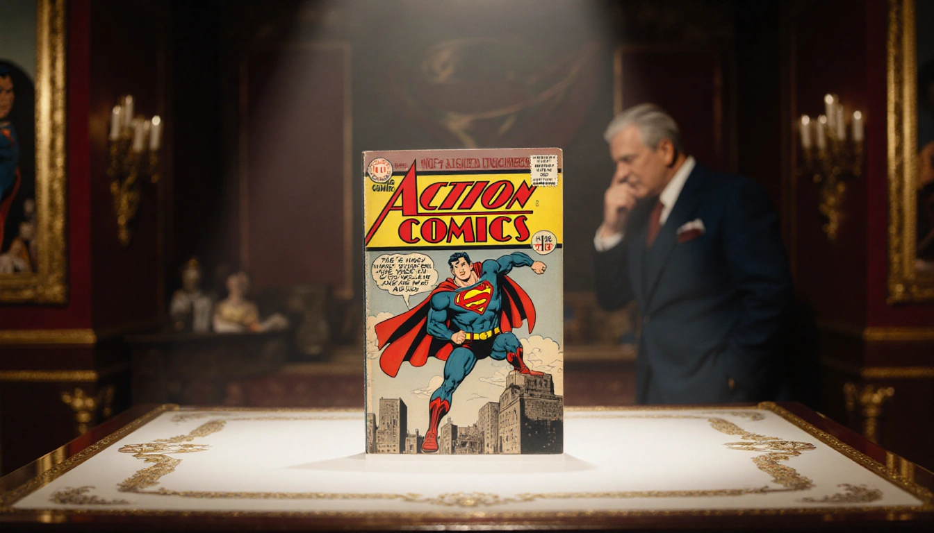 Superman comic Action Comics #1 illuminated by spotlight with Heritage Auctions nodding in auction