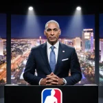 Commissioner Adam Silver speaks from podium with bright Las Vegas strip in backdrop and NBA logos beside him