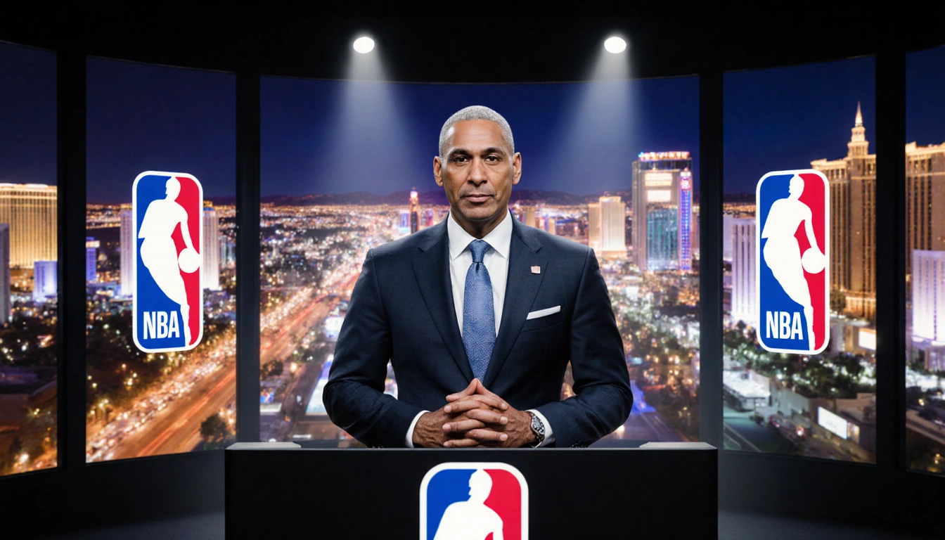Commissioner Adam Silver speaks from podium with bright Las Vegas strip in backdrop and NBA logos beside him