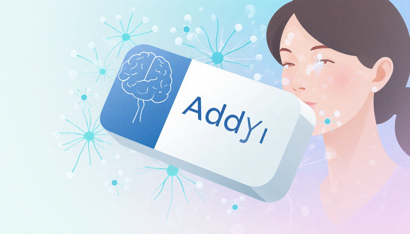 Tablet labeled Addyi showing neurons and subtle chemistry symbols with pastel background and faint female face outline