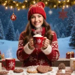 Adeina Anderson holding steaming hot cocoa with mugs and marshmallows and cookies beside twinkling lights and garlands