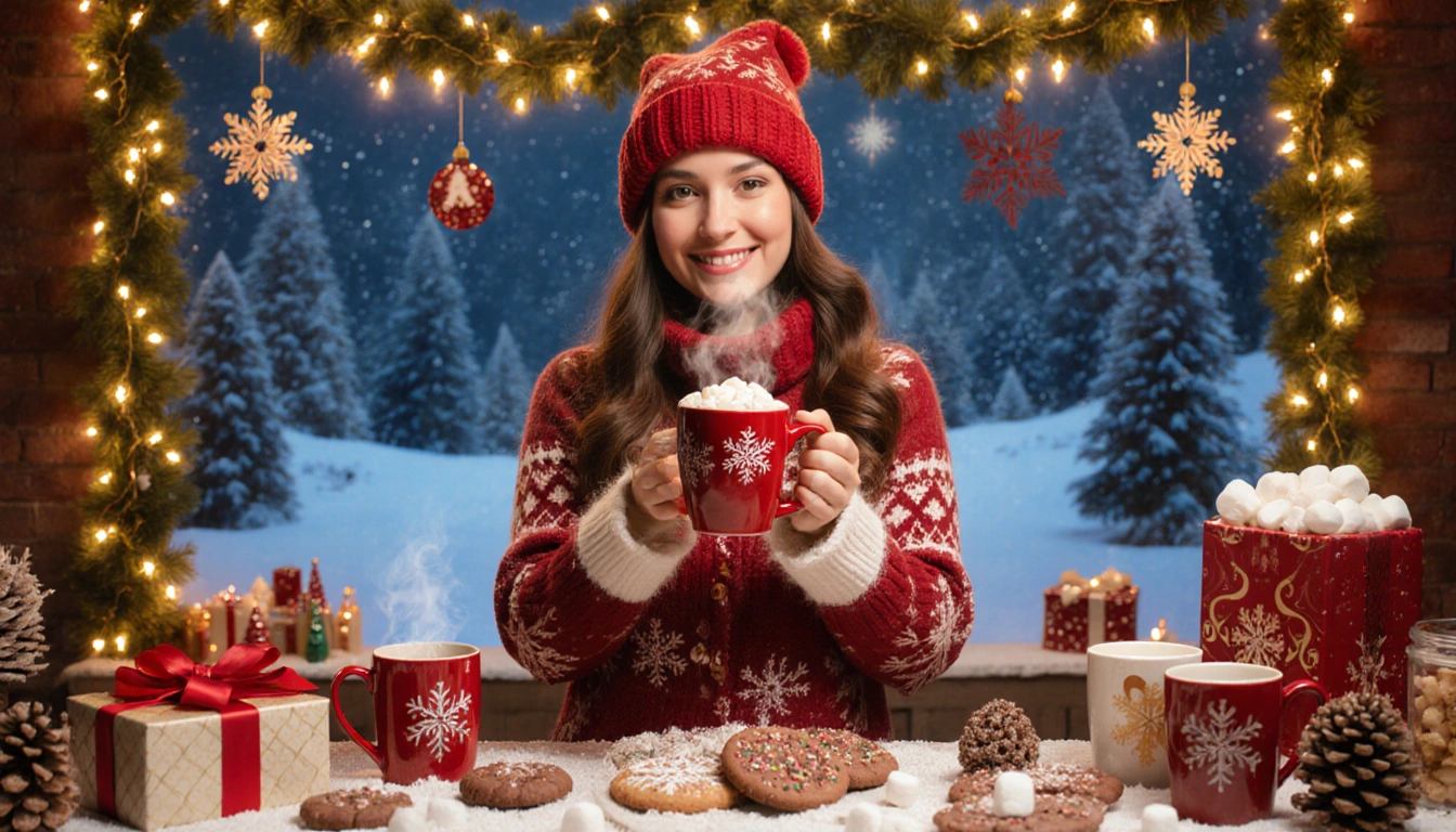 Adeina Anderson holding steaming hot cocoa with mugs and marshmallows and cookies beside twinkling lights and garlands