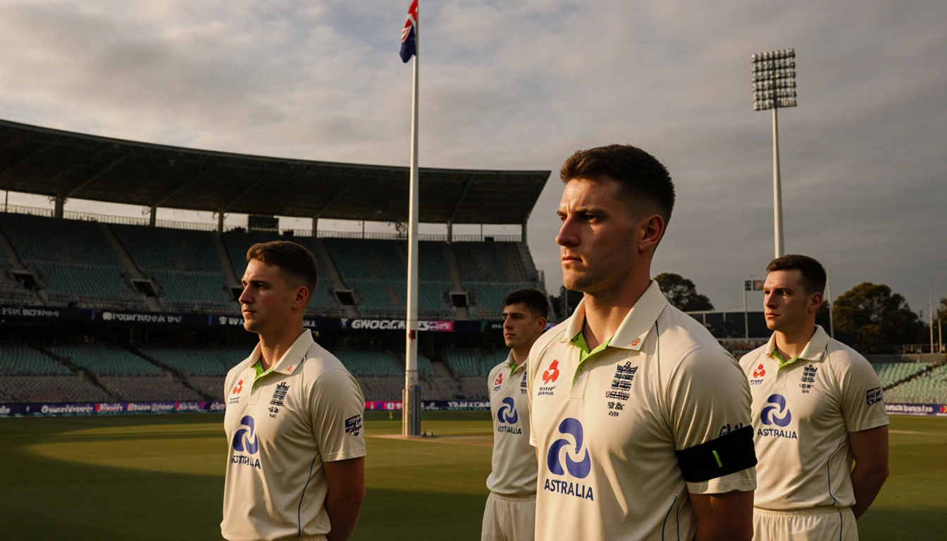 Players stand with black armbands and solemn faces in empty Adelaide Oval cricket pitch with flags half‑staff and muted light