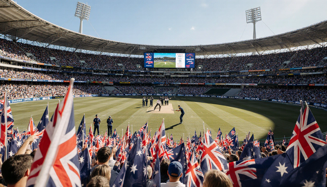 Alex Carey hits a cricket century with red and white English flags and Australian flags behind score 326/8