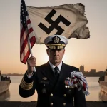 Admiral Lunday crumples a swastika flag with a U.S. flag in hand and Coast Guard vessels with American flags in background