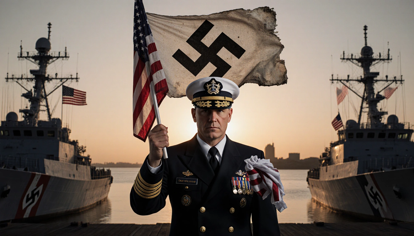 Admiral Lunday crumples a swastika flag with a U.S. flag in hand and Coast Guard vessels with American flags in background
