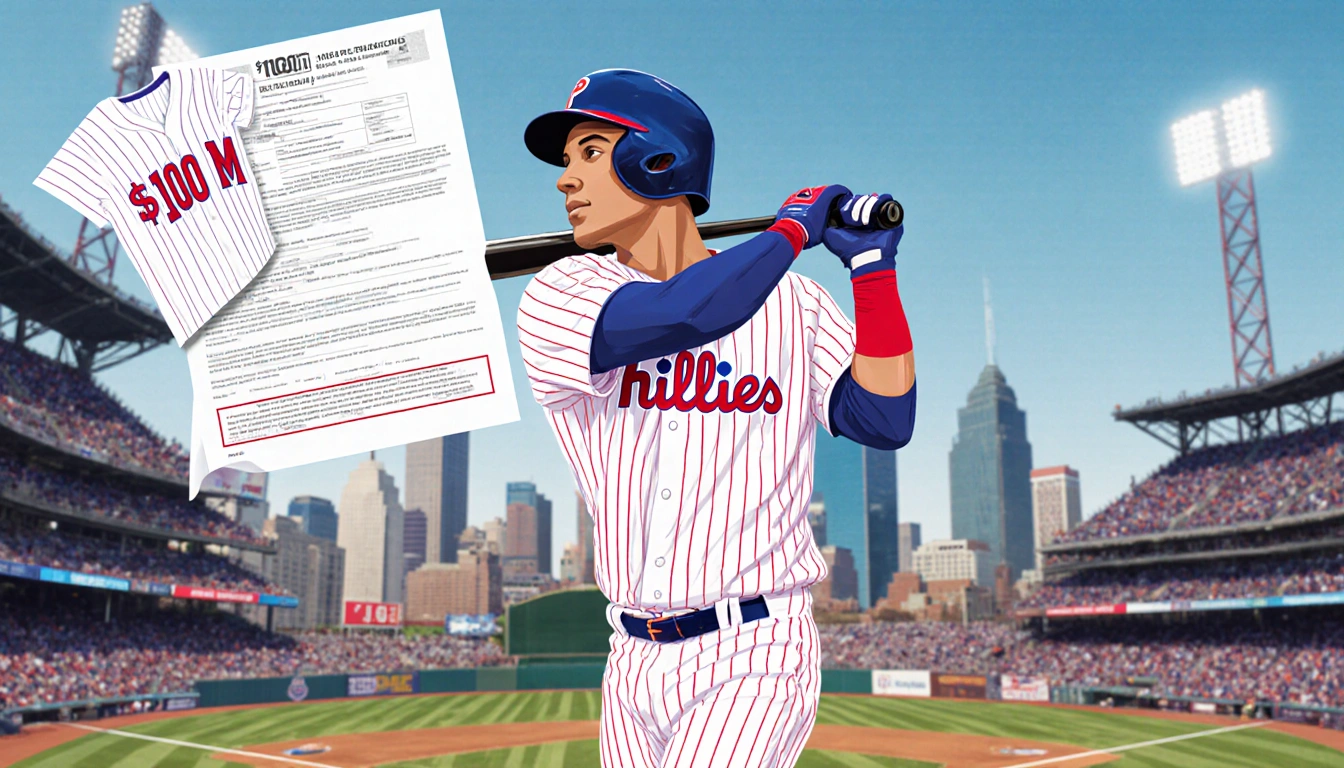 Adolis García in right field holding a bat with Phillies uniform Philly skyline while a $100M contract appears.