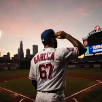 Adolis García adjusting his cap with scoreboard reflecting on wet pavement over Citizens Bank Park and Philadelphia skyline