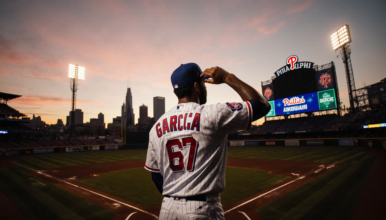 Adolis García adjusting his cap with scoreboard reflecting on wet pavement over Citizens Bank Park and Philadelphia skyline