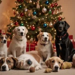 Adoptable dogs sit near a decorated Christmas tree with twinkling lights and cozy living room.