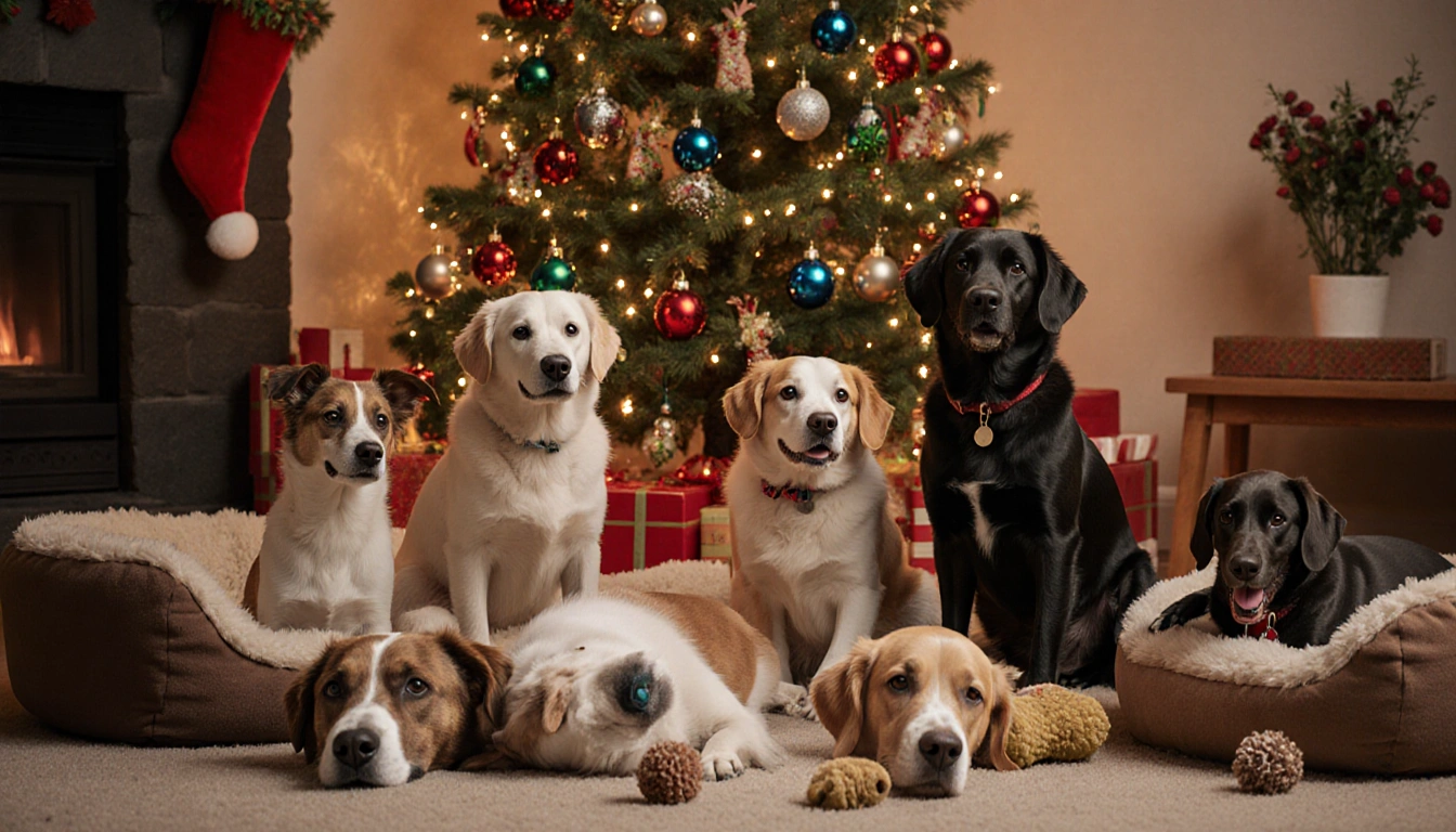 Adoptable dogs sit near a decorated Christmas tree with twinkling lights and cozy living room.