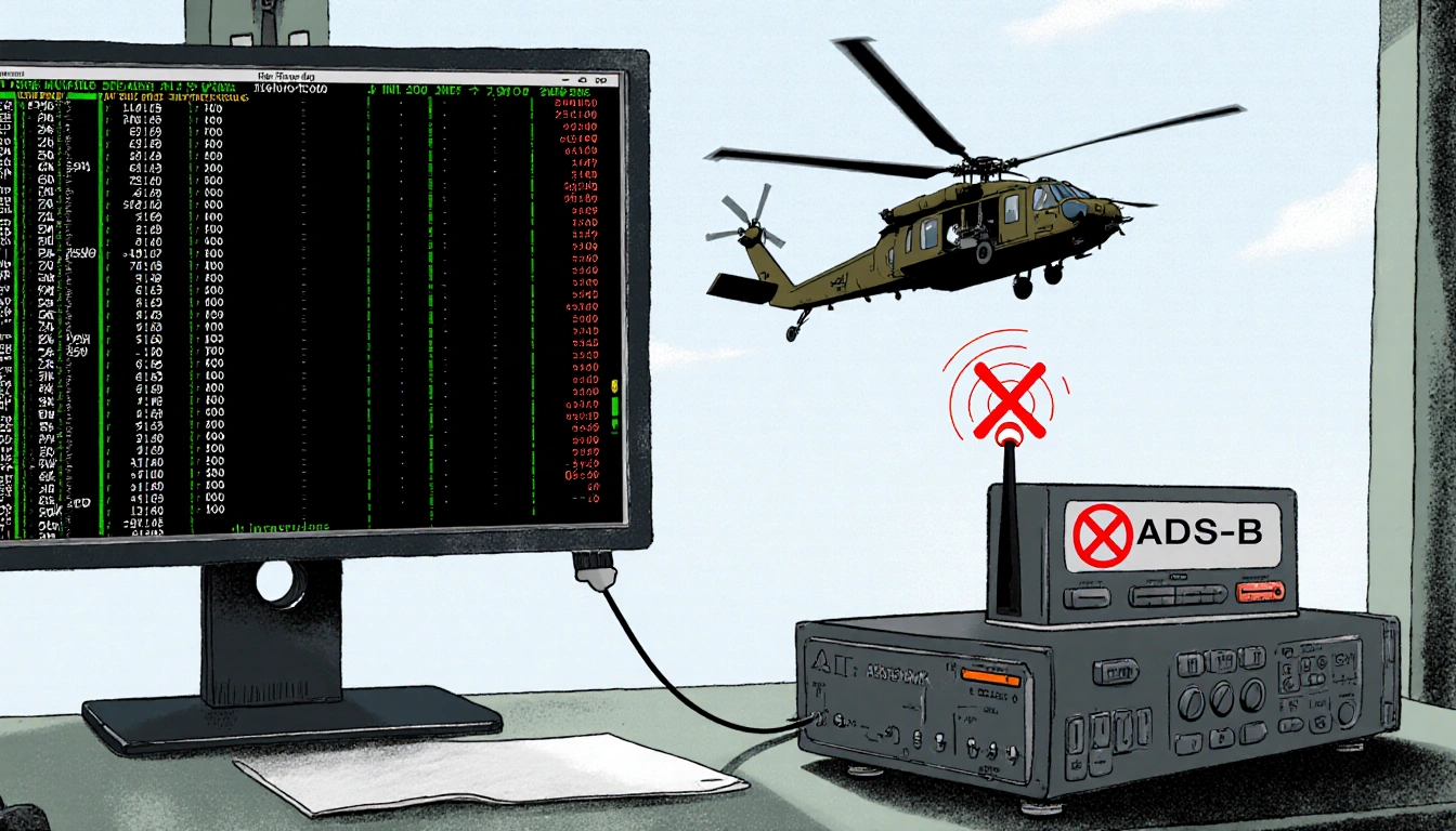 ADS-B receiver attaches to military tower screen with red X disabling GPS data while a blurred Black Hawk helicopter flies aw