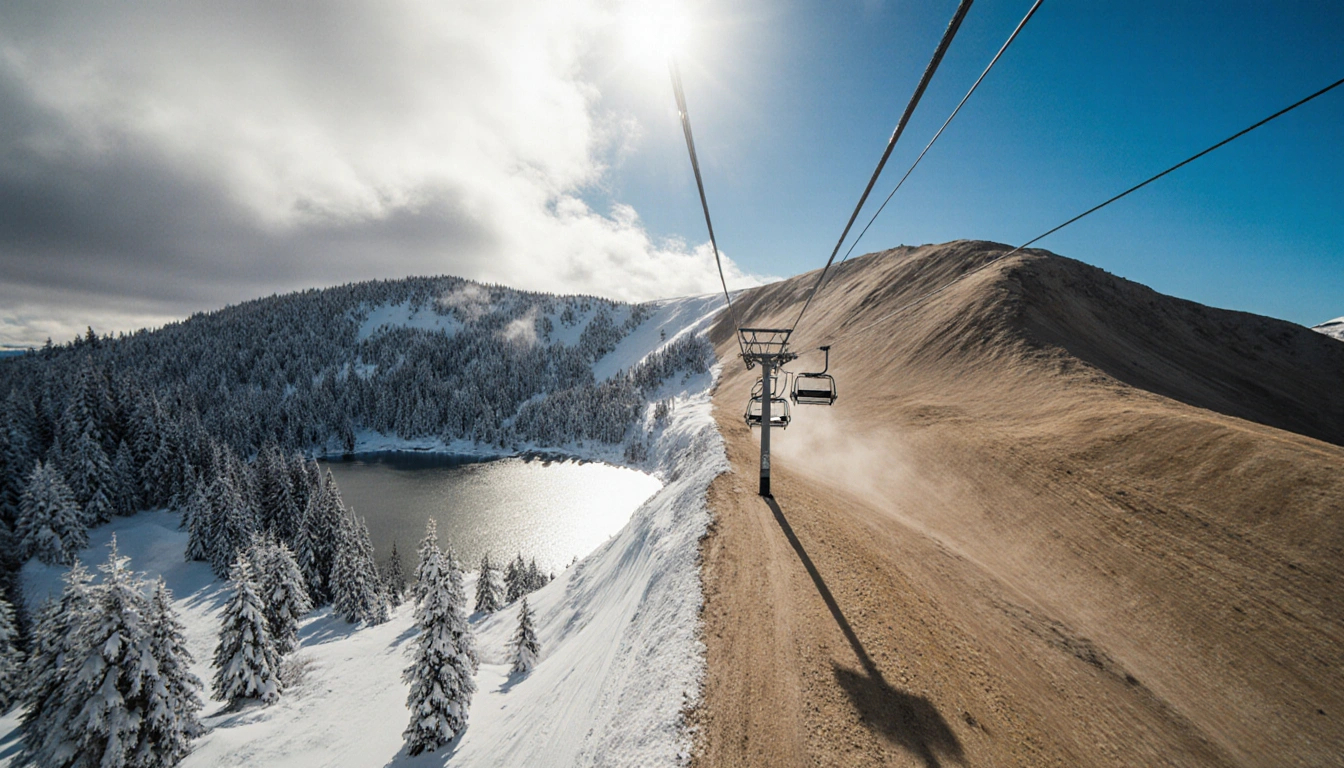 Drone captures contrasting ski resorts with powdery slopes and barren Western terrain illuminated by a sunbeam